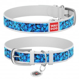 Нашийник WAUDOG Design з малюнком "Блакитні метелики", преміум шкіра, металева пряжка (ширина 12 мм, довжина 19-25 см), білий